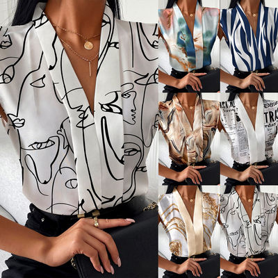 Мода V Neck Без рукав верхний случайный печатный V Neck футболка
