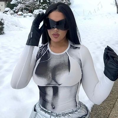 Длинные рукава модная печать футболка экипаж шея печать футболка стройный фит кроп-топы