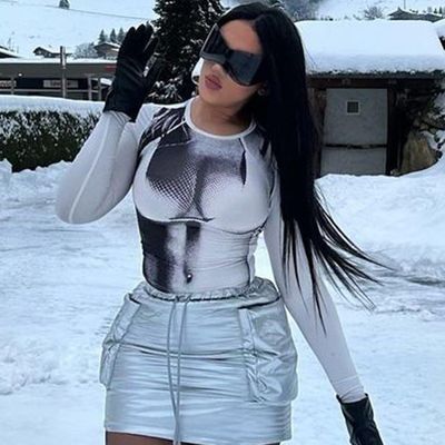 Длинные рукава модная печать футболка экипаж шея печать футболка стройный фит кроп-топы