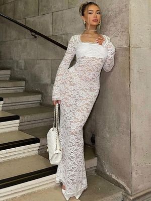 Полиэстерный пакет Береговое платье Шнурки Швы Смотри через длинный рукав Сумка Береговое квадратное воротничко Шнурковое платье