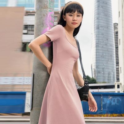 Фотография моды на улице стройный цвет U - шея короткое рукавное платье