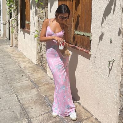 Летнее новое V-Neck сексуальное беззащитное цифровое печатное платье средней длины
