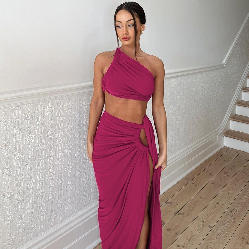 V Neck Женское короткорукавное платье коллекция Секси без спины без ремней верхний стройный разделенный юбка набор